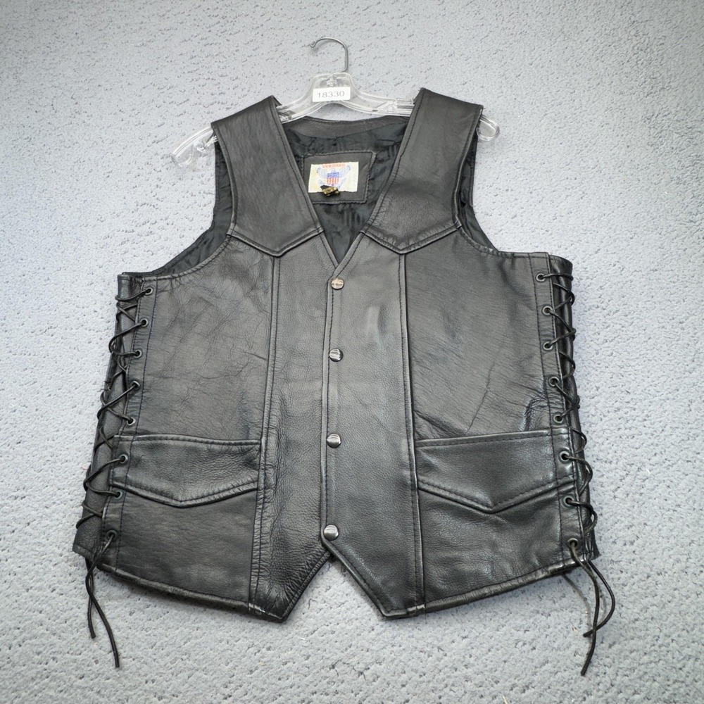 Vanguard Leather Vest Mens 46 Black Side Lace Biker Motorcycle Cut Western Snap